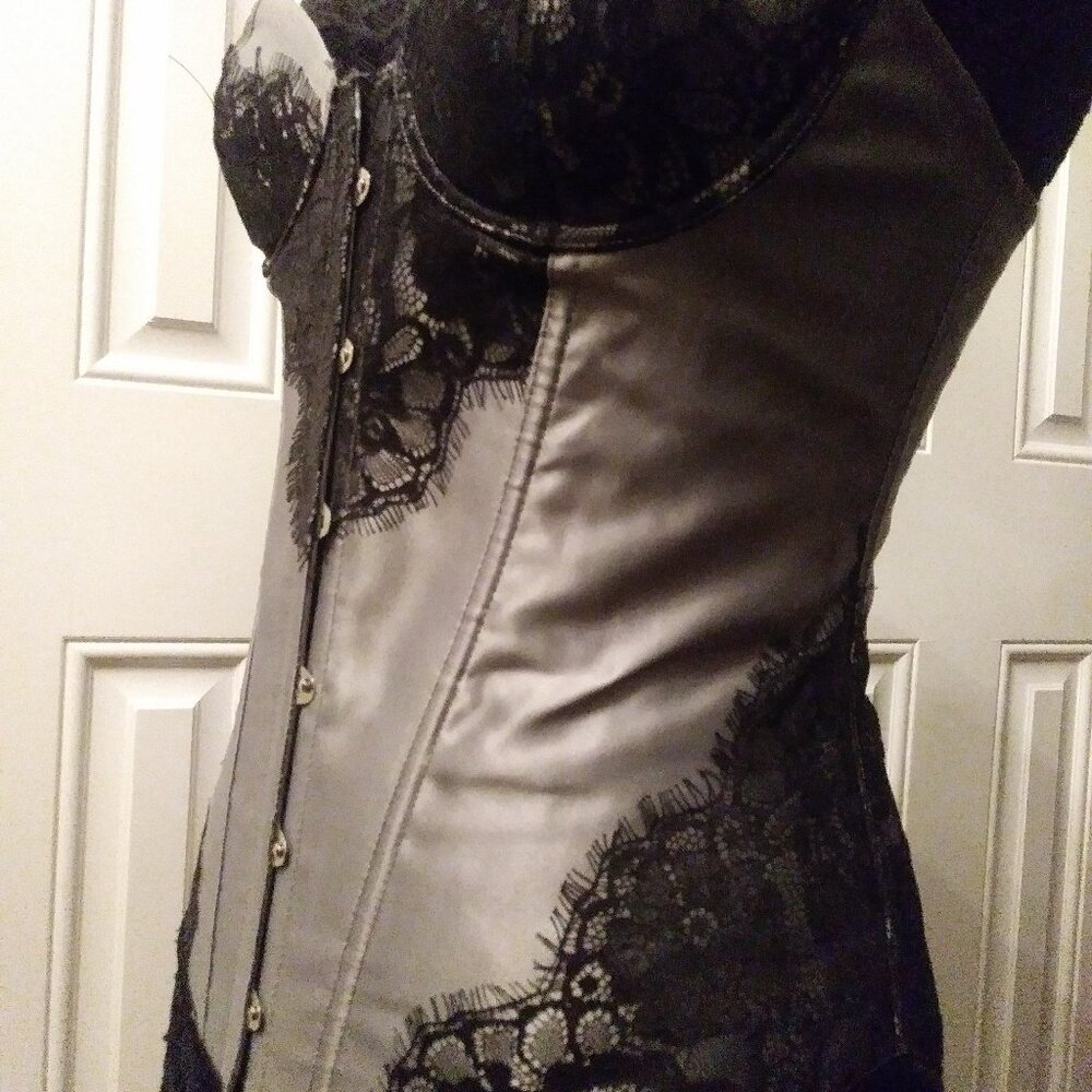 Stunning Silver Corset with Black Eyelash Lace Embellishments Overbust - Picture 4 of 14